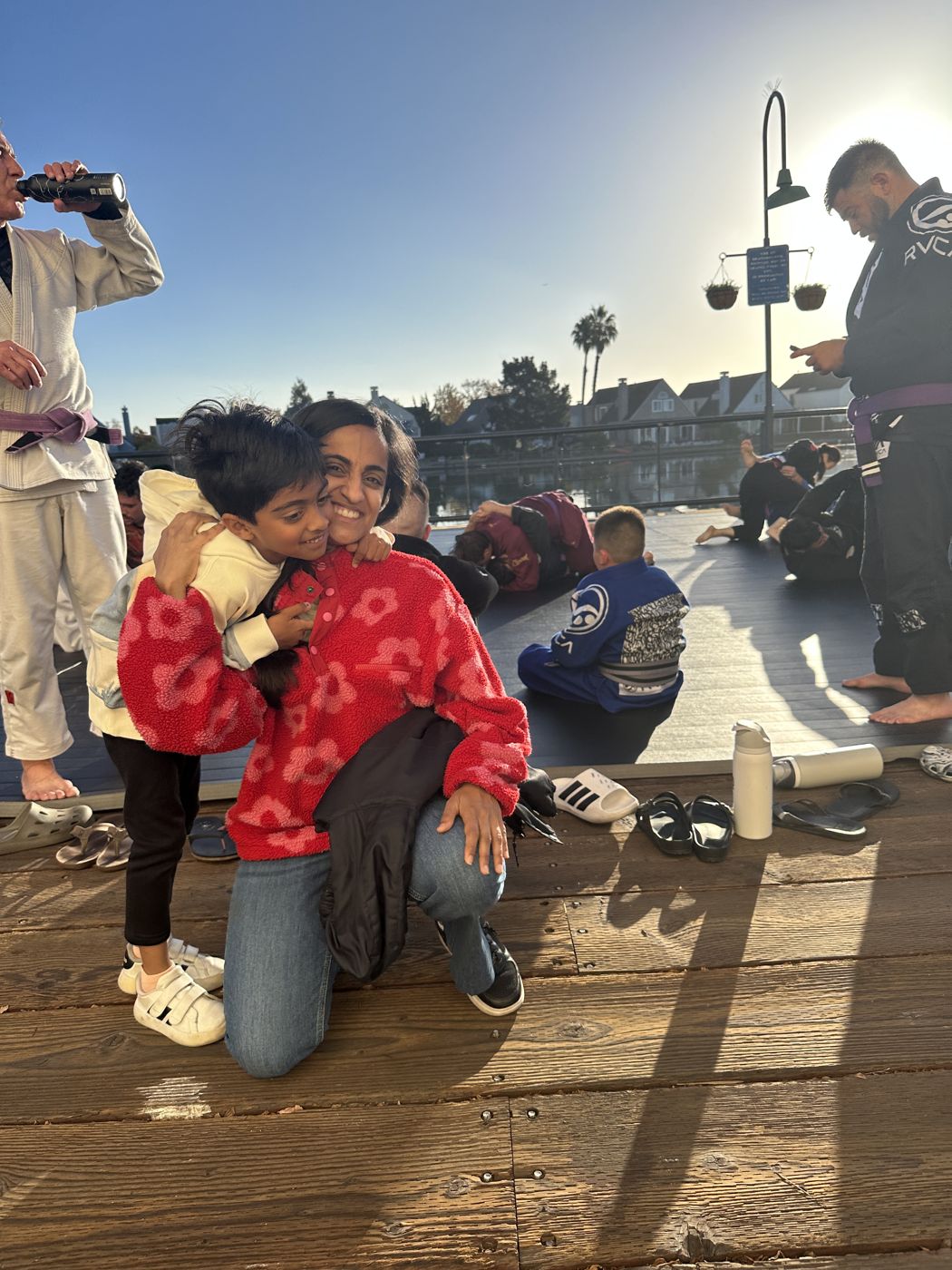 Pratha and her son Samay on the deck